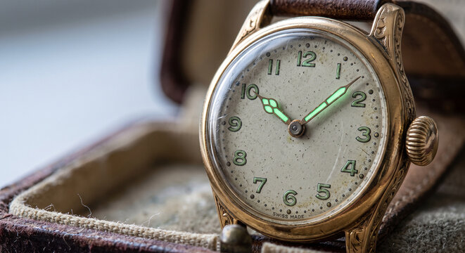 Macro View of a Vintage Gold Wristwatch with Luminous Hands