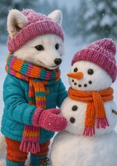 Naklejka premium Cute fox builds snowman joyfully.