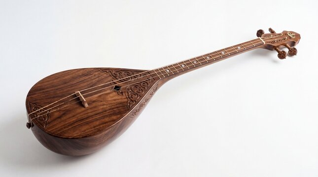 A detailed close up of a traditional wooden stringed musical instrument on a clean white background.