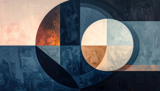 Abstract geometric composition featuring circles and layered textured shapes in muted blue and soft peach tones for modern artistic background.