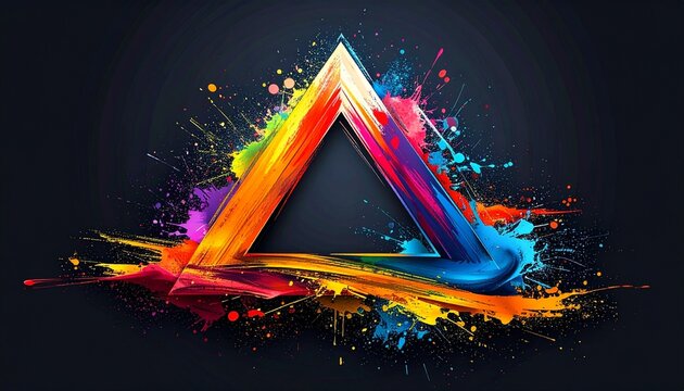 Abstract triangle design featuring vibrant paint splashes and dynamic colorful strokes on a dark background for creative artistic concepts.