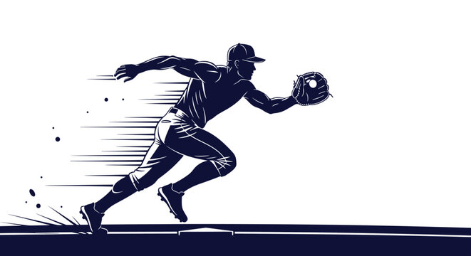 Dynamic silhouette of a baseball player in full uniform running and sliding with a glove and ball shown with motion blur lines.