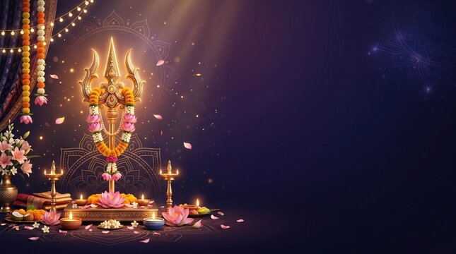 Durga Ashtami Festival Banner with 3D Luminous Golden Trident Ornament and Lotus Flowers on Midnight Blue Saffron and Violet Gradient Background