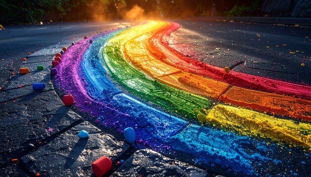 A vibrant rainbow path created with colorful powdered chalk on dark asphalt surface perfect for creative lifestyle concepts and artistic themes.