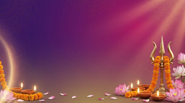 Premium Maha Navami 3D Banner Design in Royal Purple Magenta and Gold with Glowing Diyas and Elegant Lotus Flowers for Traditional Indian Festival