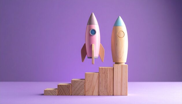 Wooden rocket toys launching above a staircase of blocks representing business growth and startup success against a purple studio background.