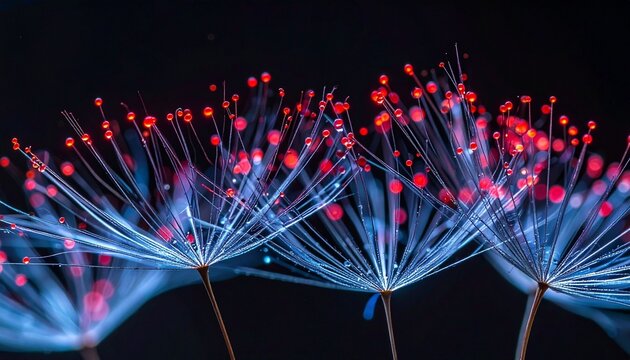 Close up macro photography of beautiful dandelion seeds with glowing red dots and blue light reflections on a dark black artistic background.