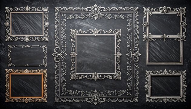A collection of vintage style decorative picture frames with intricate floral patterns set against a textured dark charcoal grey background.