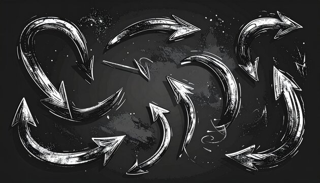 Hand drawn chalkboard arrow collection with various curved styles and grunge textures perfect for design projects and creative presentations.