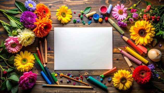 A high angle view of a blank white paper surrounded by colorful spring flowers and various art supplies on a rustic wooden table background.