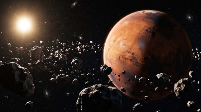 Mars planet surrounded by asteroid belt in deep space with bright sun star shining, realistic 3d illustration of red planet surface texture and floating rocks, science fiction