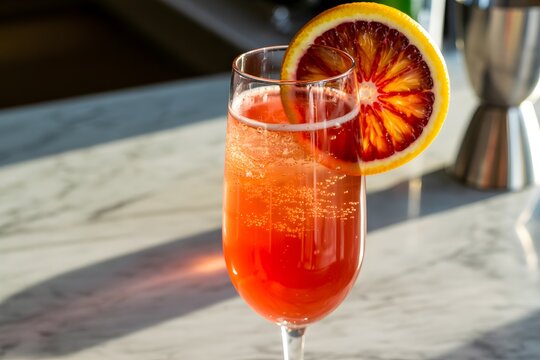 Sparkling blood orange cocktail in champagne flute with citrus slice