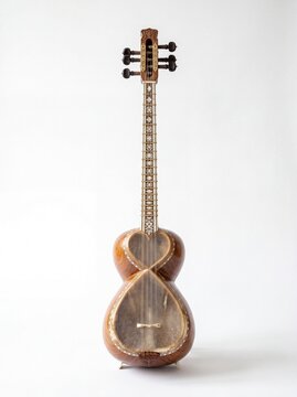 A vertical view of a traditional Persian tar string instrument with a distinct hourglass shape.