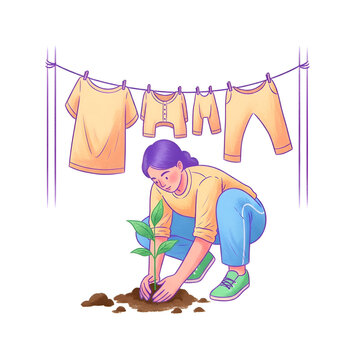 Eco-friendly woman planting tree seedling for environmental