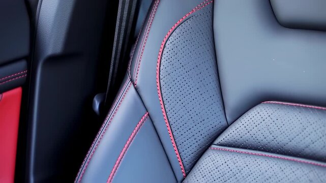 Close-up of a car seat with perforated leather and red stitching