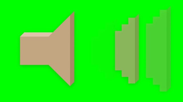An isometric 3D-styled animation displays a speaker icon emitting radiating sound waves against a green screen background, representing audio playback or volume adjustment