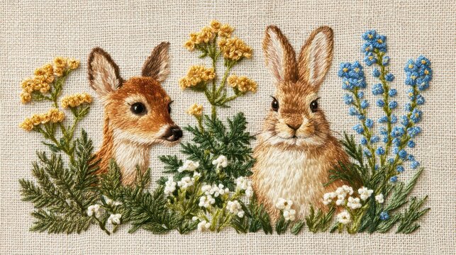 鹿とうさぎの刺繍