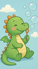 Naklejka premium Cute dragon blowing bubbles joyfully.
