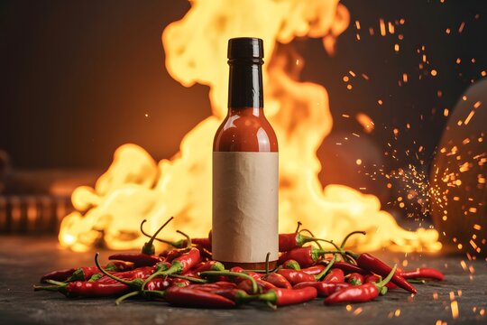 Hot sauce bottle surrounded by red chili peppers and roaring fire flames