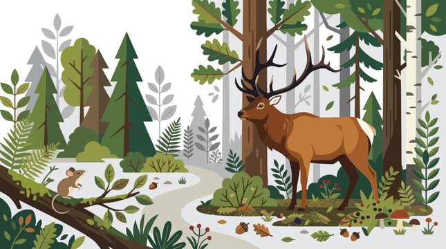 Elk and Mouse Forest Scene Vector Illustration
