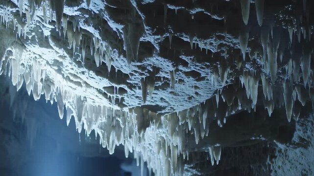 Cave formations with numerous icicle-like stalactites