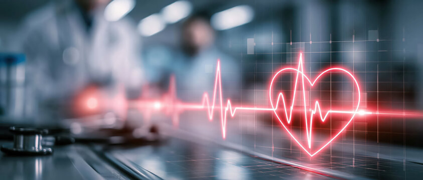 Medical technology heart rhythm hospital doctor patient electrocardiogram glowing heart line represents advanced medical care and urgent health