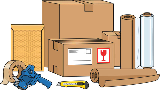 Cardboard boxes packing tape bubble wrap and shipping supplies illustration on a white background
