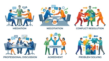 Fototapeta premium Business Professional Collaboration and Corporate Teamwork Vector Illustration Collection Featuring Mediation Negotiation and Problem Solving Concepts