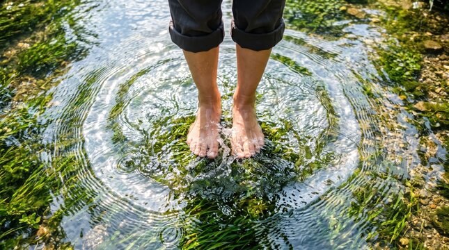 Bare feet standing in a clear shallow water stream with ripples and green aquatic plants, representing grounding, earthing, summer relaxation, cooling off, connection with nature