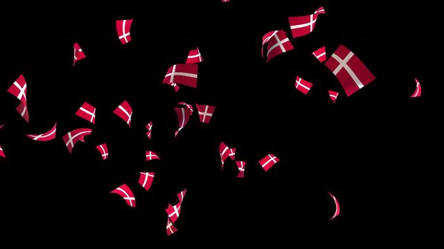 Denmark flag with confetti explosion and falling particles on transparent background