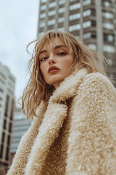 Fashionable young woman wearing a fluffy coat in an urban setting.