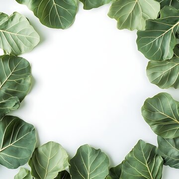 Fiddle Leaf Fig Frame - Fresh Green Leaves on White Background.