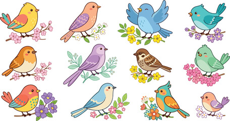 Naklejka premium Cute Spring Birds and Blooming Botanical Branches Vector Illustration Set with Colorful Sparrows Finches Bluebirds and Blossoms for Baby Nursery Graphic Designs