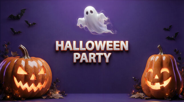 Halloween party with carved pumpkins and ghost decoration on dark purple background illustration