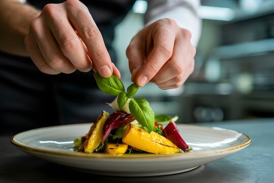 Chef plating a colorful gourmet salad with fresh basil leaves
