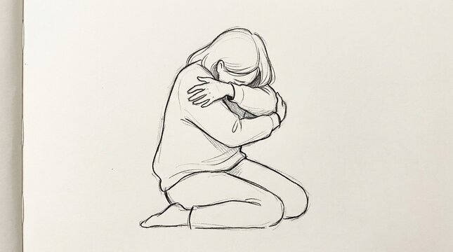 Sad hugging self