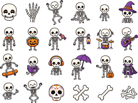 Set of cute skeleton halloween sticker designs as a high quality halloweenvector eps graphic resources collection