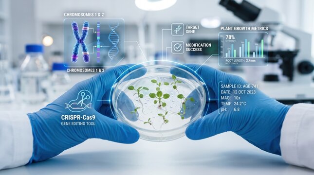 Scientist holding petri dish with plant seedlings illustrating CRISPR-Cas9 gene editing technology, DNA modification, and agricultural biotechnology research, featuring augmented