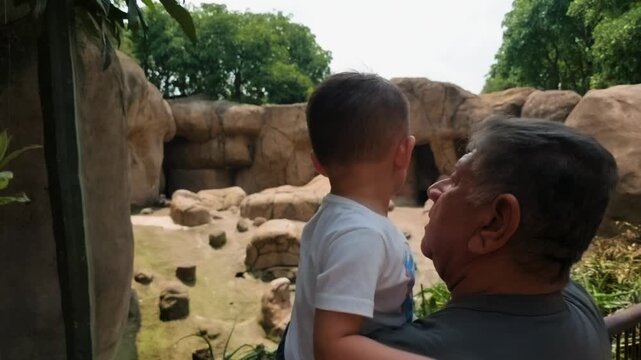 A loving grandfather holds his 2-year-old grandson as they watch animals in an enclosure at Chapultepec Zoo in Mexico City.