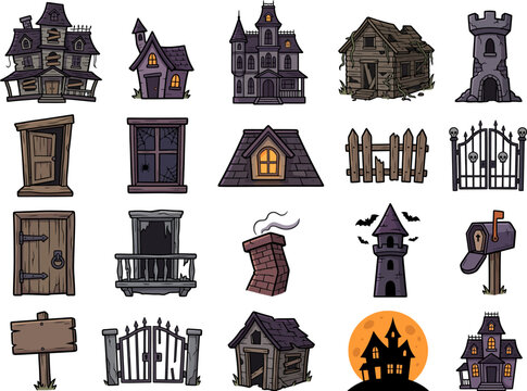 Set of spooky haunted house themed halloween sticker designs provided as a high quality halloweenvector eps graphic resources collection