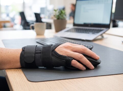 Spica Wrist Brace During Computer Work for Repetitive Strain and Hand Rehabilitation