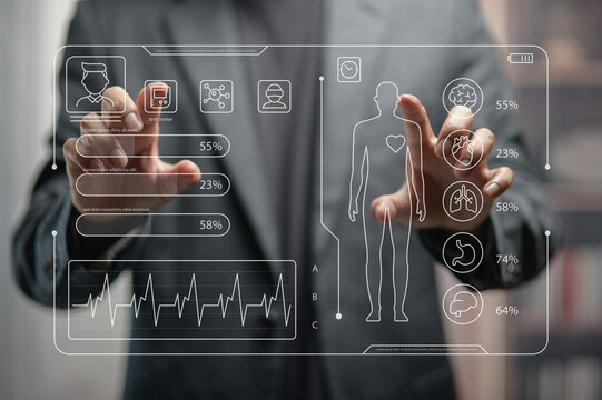 Futuristic Medical Data Analysis Display Showing Human Body Health Metrics