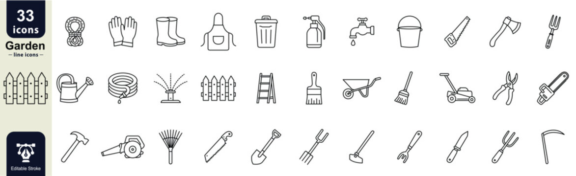 Garden tools icon set. Outline icons collection, featuring gloves, boots, watering can, hose, rake, saw, shovel, wheelbarrow, mower and more tools
