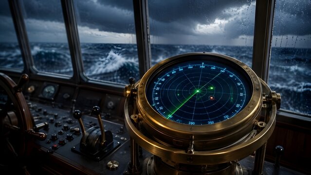 Glowing green ship radar on a navigation bridge overlooking a dark stormy sea symbolizing business crisis management and direction