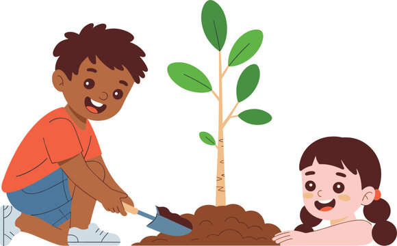 Cute Cartoon Children Planting Young Tree Sapling with Shovel and Dirt Mound for Environmental Care Earth Day and Sustainability Graphic Designs