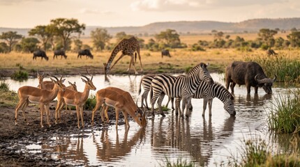 Naklejka premium Group of wild animals drinking at a watering hole