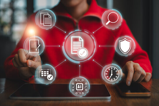 AI-Driven Contract Management Interface with Digital Icons and Business Professional in Modern Office Setting