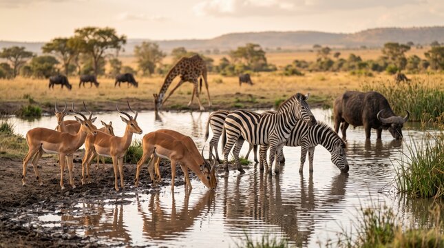 Group of wild animals drinking at a watering hole