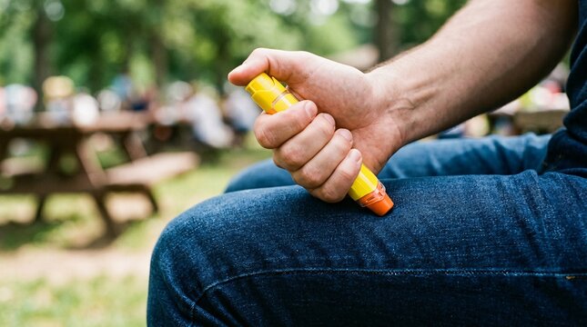 Close-up of a person holding a yellow epinephrine auto-injector against their thigh to treat anaphylactic shock outdoors.