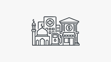 Fototapeta premium Modern Minimalist Line Art Cityscape with Mosque Hospital Bank and Tech Icons